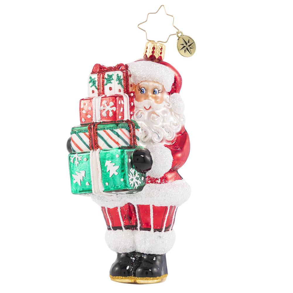 Front - Ornament Description - Time To Celebrate!: Santa is in the spirit! He just could not wait to deliver these festive gifts. Do not worry, he will be back again on Christmas Eve!