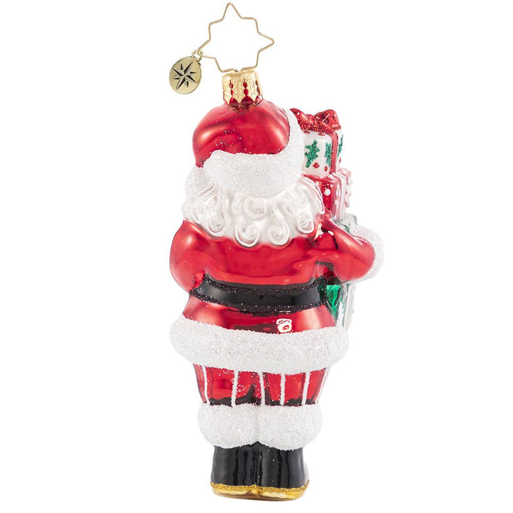 Back - Ornament Description - Time To Celebrate!: Santa is in the spirit! He just could not wait to deliver these festive gifts. Do not worry, he will be back again on Christmas Eve!