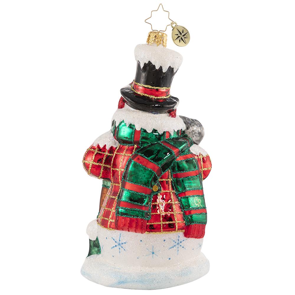 Back - Ornament Description - Fun By The Shovel-Full: Both Frosty and his squirrel friend are nuts about the holiday season! Bundled up against the elements, they help clear the way for Christmas fun.