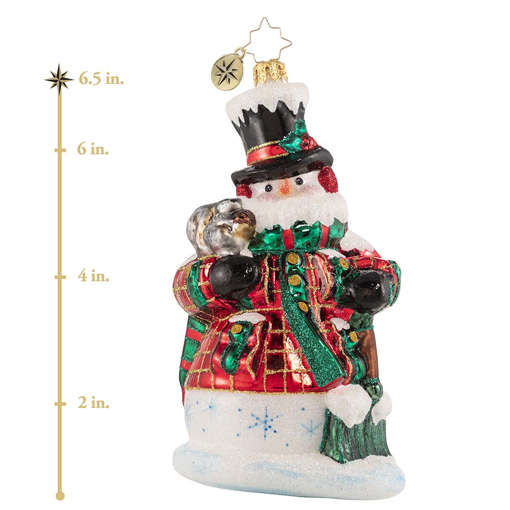 Ornament Description - Fun By The Shovel-Full: Both Frosty and his squirrel friend are nuts about the holiday season! Bundled up against the elements, they help clear the way for Christmas fun. This photo shows the ornament is about 6.5 inches tall. 
