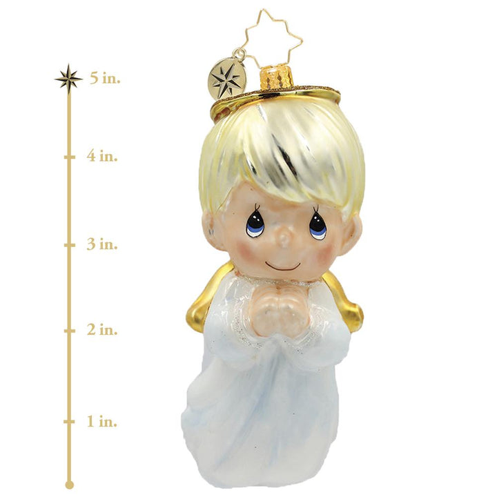 Ornament Description - Precious Holiday Moments: This heaven-sent little darling is truly precious. On tiny angel wings he flies, bringing tidings of hope and holiday blessings for all. This photo shows the ornament is about 5 inches tall. 