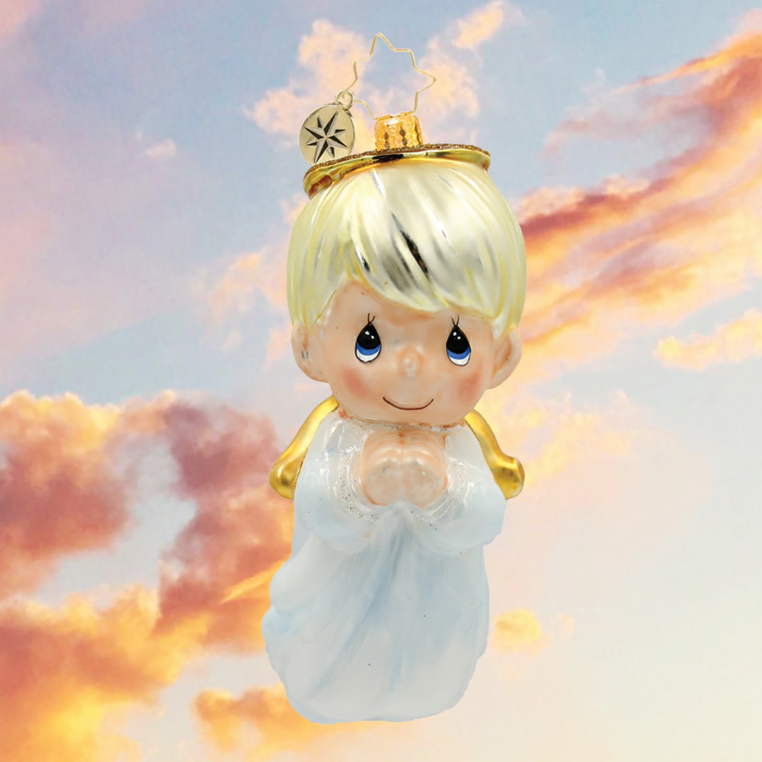 Ornament Description - Precious Holiday Moments: This heaven-sent little darling is truly precious. On tiny angel wings he flies, bringing tidings of hope and holiday blessings for all.