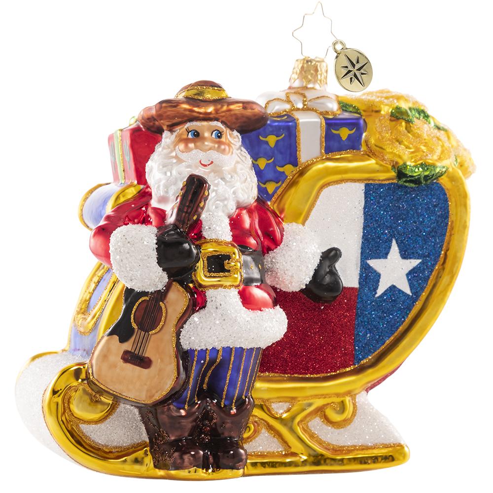 Front - Ornament Description - Santa's Lavish Lone Star Sleigh: Ho-Ho-Howdy partner! Santa shows off his new ride and a fresh new pair of boots. If he starts wearing spurs, we might need to start calling him Tinsel Tex!