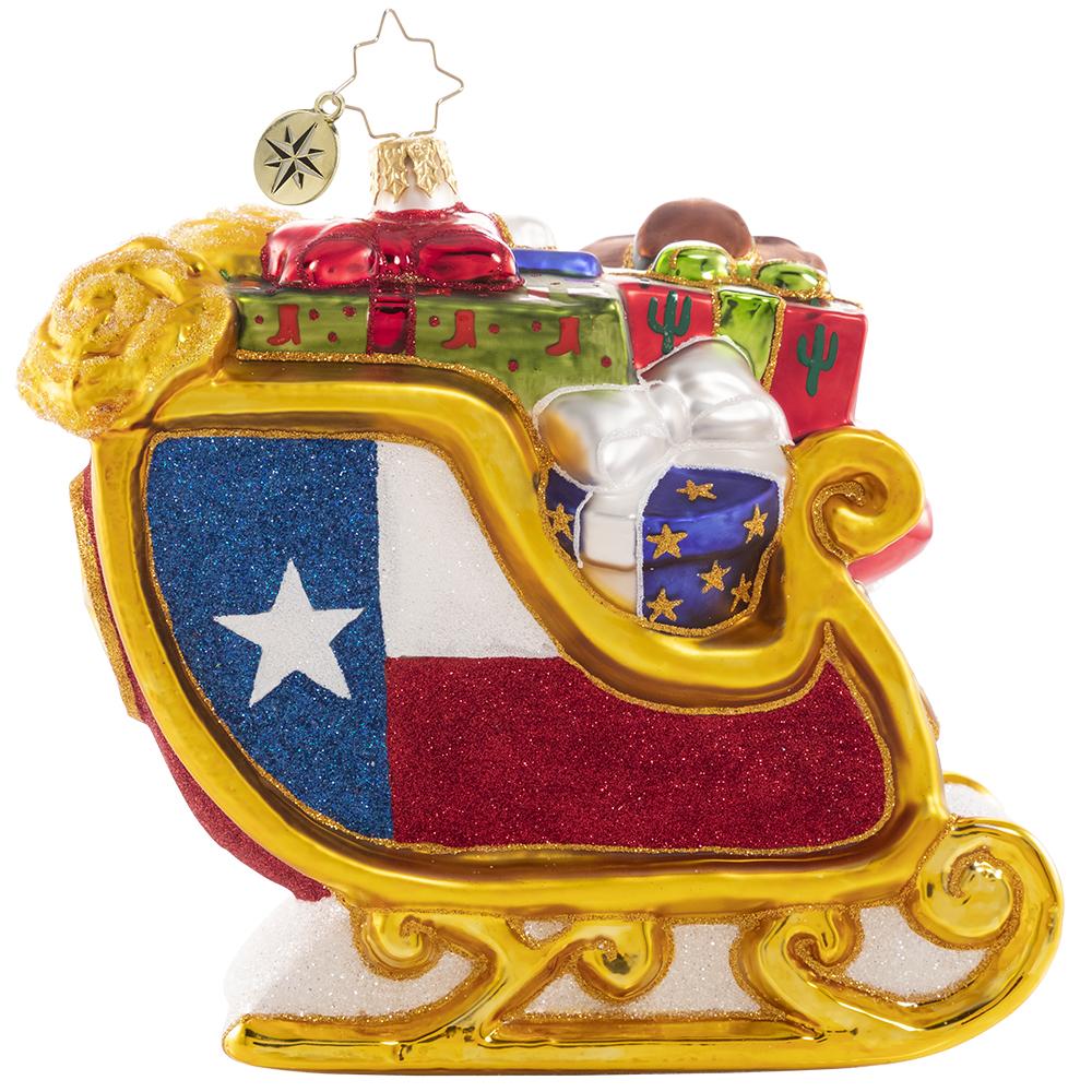 Back - Ornament Description - Santa's Lavish Lone Star Sleigh: Ho-Ho-Howdy partner! Santa shows off his new ride and a fresh new pair of boots. If he starts wearing spurs, we might need to start calling him Tinsel Tex!