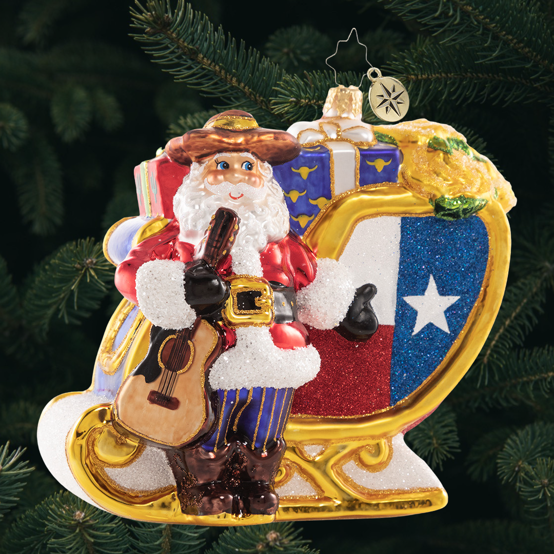 Ornament Description - Santa's Lavish Lone Star Sleigh: Ho-Ho-Howdy partner! Santa shows off his new ride and a fresh new pair of boots. If he starts wearing spurs, we might need to start calling him Tinsel Tex!