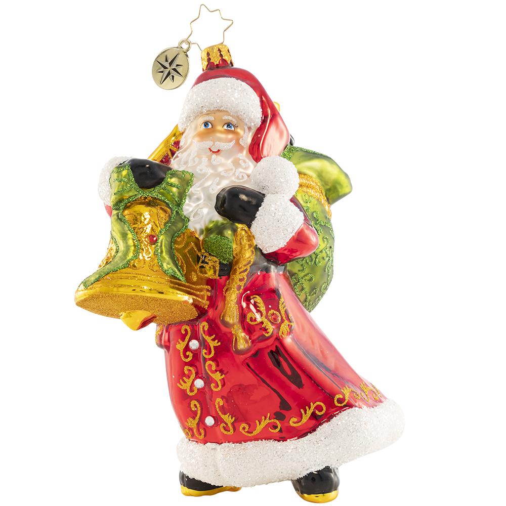 Ornament Description - A Christmas Melody: Christmas bells are ringing! Santa knows that nothing brings people together quite like music, so he is spreading holiday cheer all through town with his collection of magical musical instruments. This special ornament has been hand-picked by the Radko team to be part of the Limited Edition collection.
