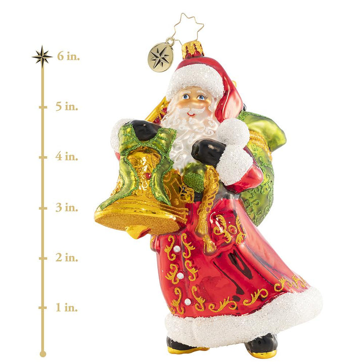 Ornament Description - A Christmas Melody: Christmas bells are ringing! Santa knows that nothing brings people together quite like music, so he is spreading holiday cheer all through town with his collection of magical musical instruments. This special ornament has been hand-picked by the Radko team to be part of the Limited Edition collection. 6 inches tall