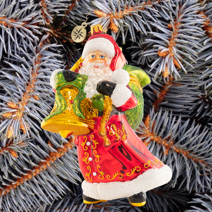 Ornament Description - A Christmas Melody: Christmas bells are ringing! Santa knows that nothing brings people together quite like music, so he is spreading holiday cheer all through town with his collection of magical musical instruments. This special ornament has been hand-picked by the Radko team to be part of the Limited Edition collection.