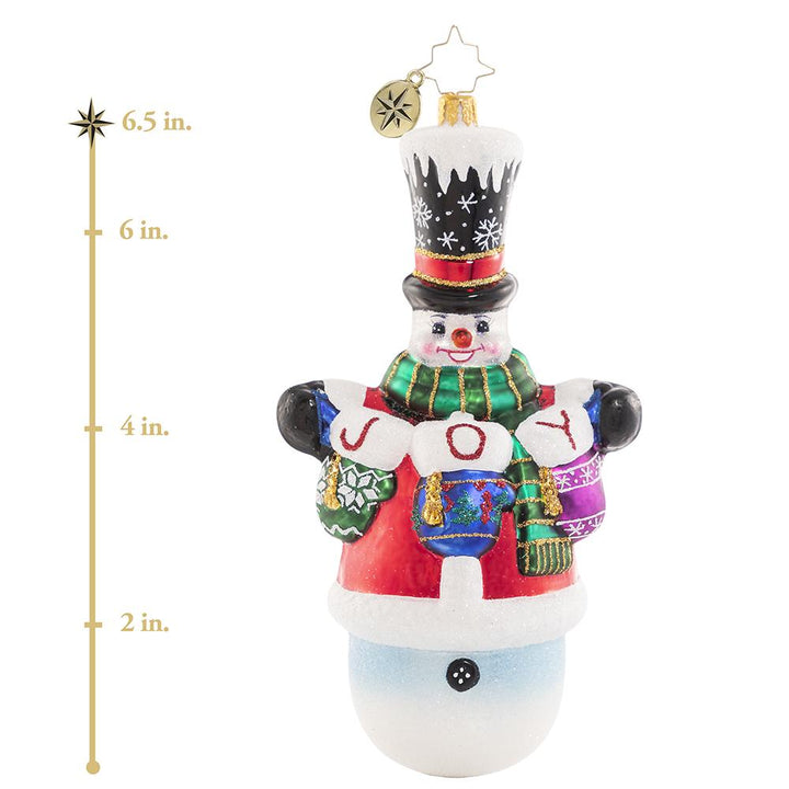Ornament Description - Crochet All Day!: Who knew you could knit with mittens on? Frosty has been hard at work making cozy gifts for his loved ones! This special ornament has been hand-picked by the Radko team to be part of the Limited Edition collection. This photo shows the ornament is about 6.5 inches tall.