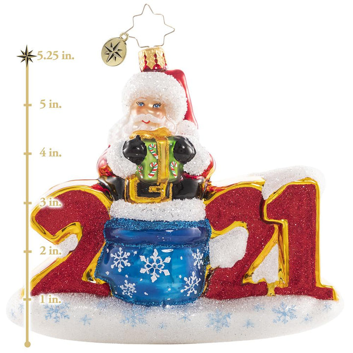 Ornament Description - Christmas Fun in 2021!: It has been a big year, and we are betting that the next will be even bigger (and better!). Santa's doing it BIG this year too, and celebrating in style. This photo shows the ornament is about 5.25 inches tall.
