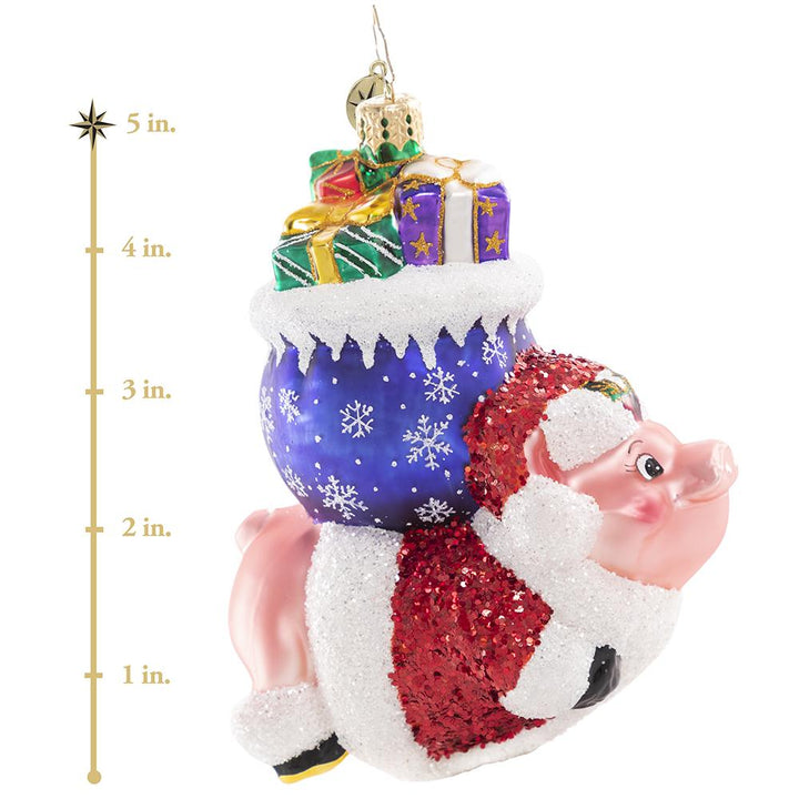 Ornament Description - When Pigs Fly!: This piggie has got serious sty-le! He is reaching for the sky and proving that with the help of a little Christmas magic, nothing is impossible! This photo shows the ornament is about 5 inches tall.