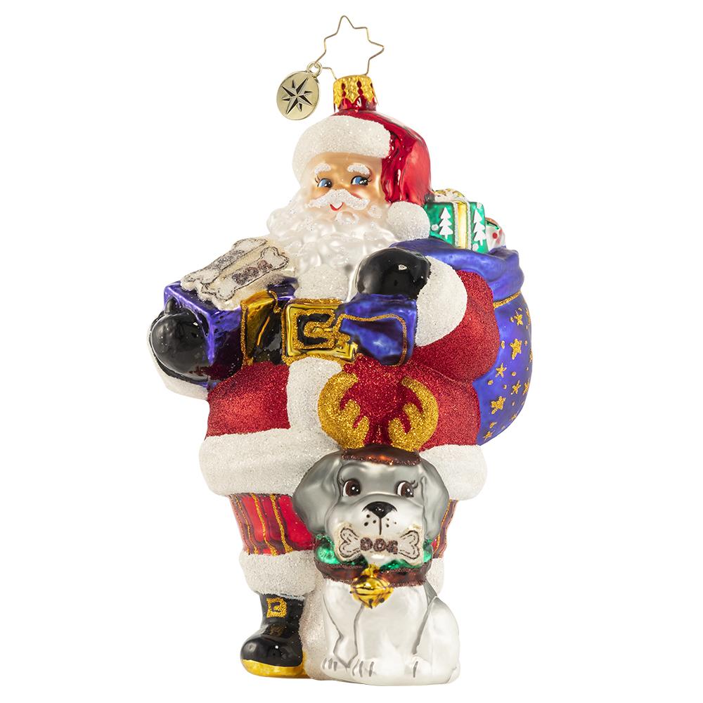 Ornament Description - A Woof-tastic Helper!: Santa brought a furry friend! Fido is an honorary reindeer for the season, and he is along for the ride to help Santa spread even more holiday cheer this year!