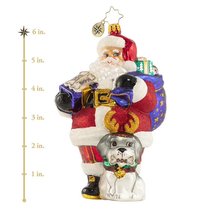 Ornament Description - A Woof-tastic Helper!: Santa brought a furry friend! Fido is an honorary reindeer for the season, and he is along for the ride to help Santa spread even more holiday cheer this year! This photo shows the ornament is about 6 inches tall.