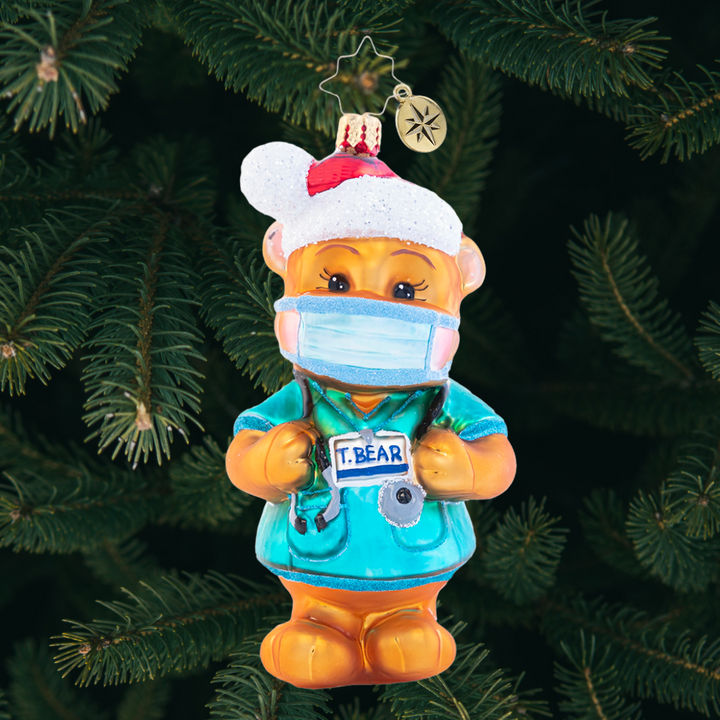 Ornament Description - Dr. Ted E. Bear: Paging Dr. Ted E. Bear! Putting smiles on faces all day long, there is nothing he could ever do wrong!Â  A portion of the proceeds from the sale of this ornament will be donated to an organization providing relief for the COVID-19 Pandemic.