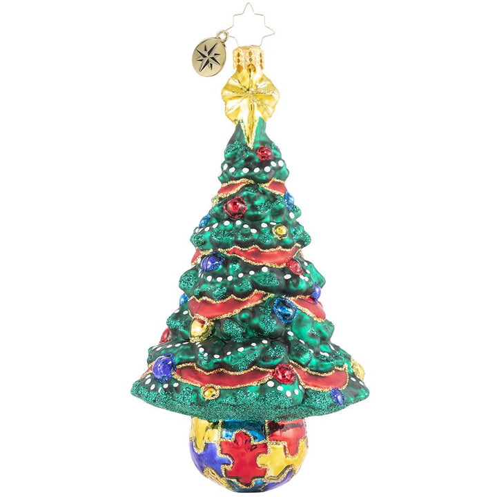 Back - Ornament Description - Puzzle Pieces Pine: Featuring the trademark autism puzzle piece symbol, this beautiful tree is unique and bright just like the special children it represents! A percentage of the sales from this ornament will benefit a charity that raises Autism awareness.