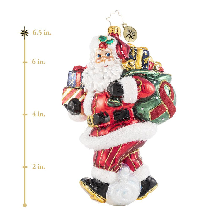 Ornament Description - AIDS Charity Claus: Santa carries a red ribbon to raise AIDS awareness and to deliver hope to anyone affected by the disease this holiday season. A percentage of proceeds from the sale of this ornament will benefit AIDS research. This photo shows the ornament is about 6.5 inches tall.