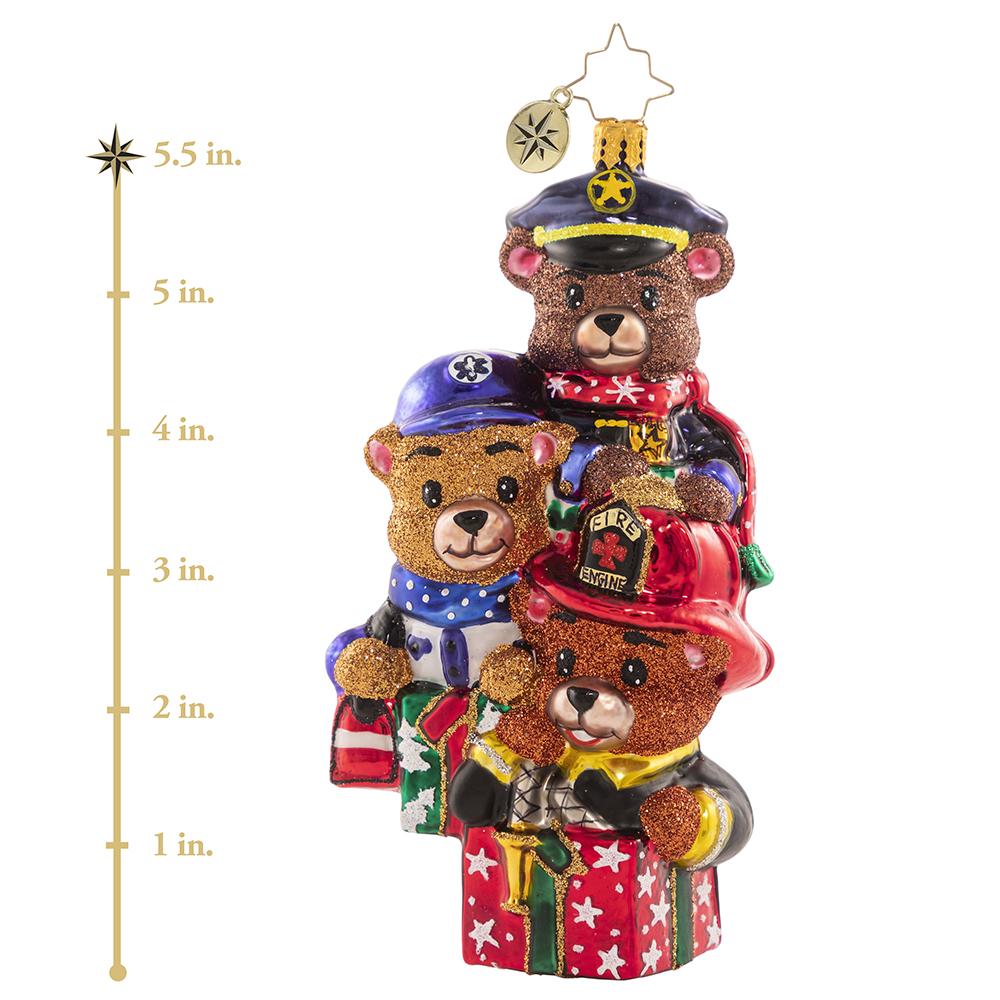 Ornament Description - Beary Best Rescuers: Now more than ever, we are grateful to all the men and women who have dedicated their lives to being "first in, last out". Honor the brave first responders in your life with this beary charming trio! A percentage of sales from this special ornament will go to a charity that supports First Responders. This photo shows the ornament is about 5.5 inches tall.