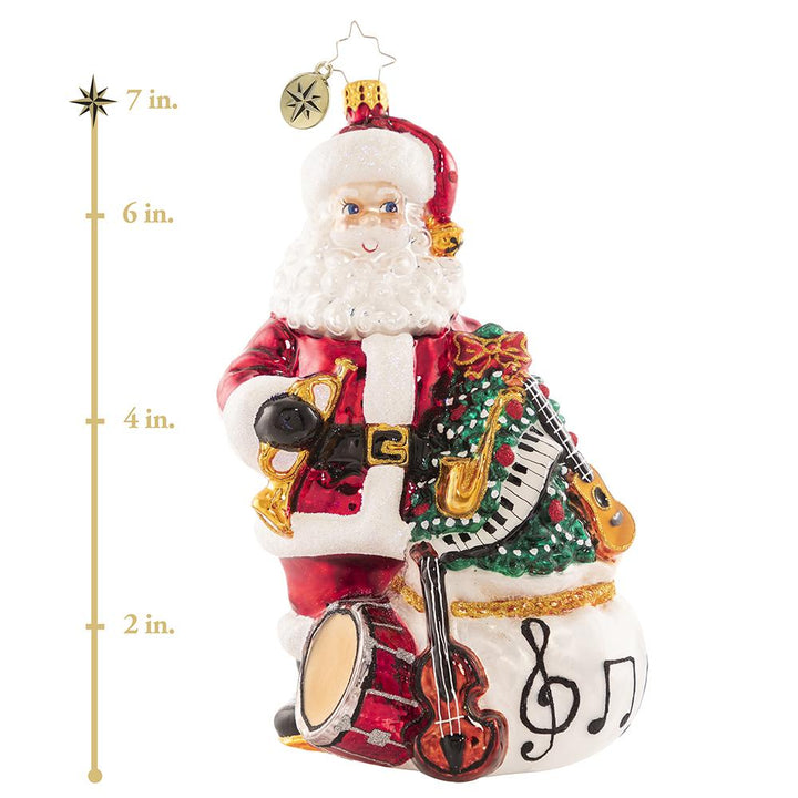 Ornament Description - Holiday Seranade: Santa is ready to perform all your favorite holiday tunes! He is sure to have you Jingle Bell Rockin' around your Christmas tree all season long. This photo shows the ornament is about 7 inches tall. 