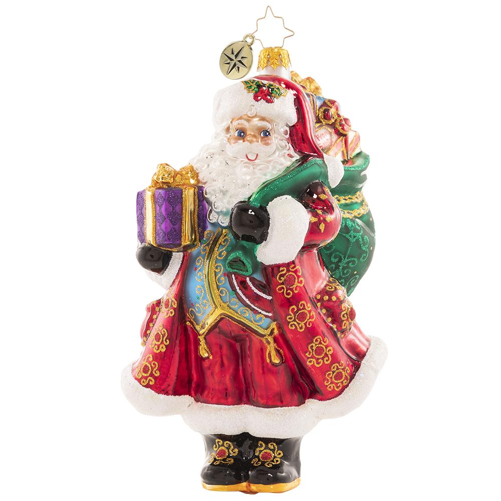 Front - Ornament Description - Top-Shelf Treasures: Santa is pulling out all the stops for his next delivery. He just cannot wait to get this sack of extra-luxe gifts under the tree!