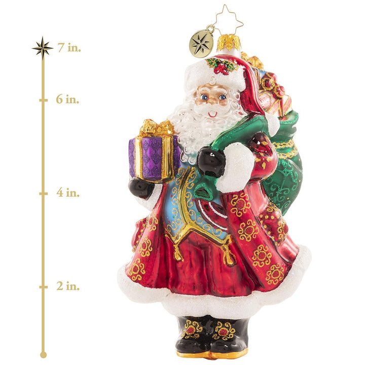 Ornament Description - Top-Shelf Treasures: Santa is pulling out all the stops for his next delivery. He just cannot wait to get this sack of extra-luxe gifts under the tree! This photo shows the ornament is about 7 inches tall. 