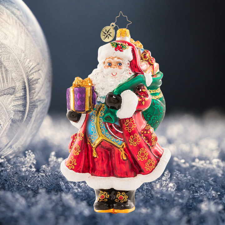 Ornament Description - Top-Shelf Treasures: Santa is pulling out all the stops for his next delivery. He just cannot wait to get this sack of extra-luxe gifts under the tree!
