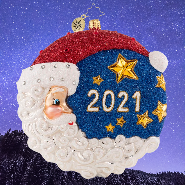 Ornament Description - The First Star I See Tonight 2021: Star light, star bright, it is a beautiful Christmas night! Santa plays man in the moon to wish you a happy holiday and a prosperous new year.
