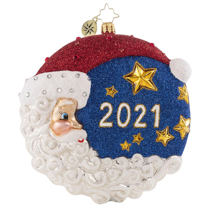 Front - Ornament Description - The First Star I See Tonight 2021: Star light, star bright, it is a beautiful Christmas night! Santa plays man in the moon to wish you a happy holiday and a prosperous new year.