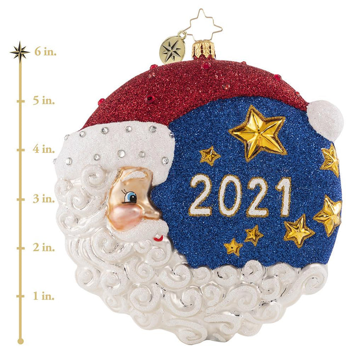 Ornament Description - The First Star I See Tonight 2021: Star light, star bright, it is a beautiful Christmas night! Santa plays man in the moon to wish you a happy holiday and a prosperous new year. This photo shows the ornament is about 6 inches tall.