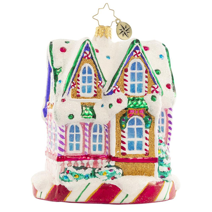 Back - Ornament Description - Marvelous in Mint: Sweet and stunning! With its peppermint pillars and pinwheels throughout, this charming Victorian home truly is in 'mint' condition.