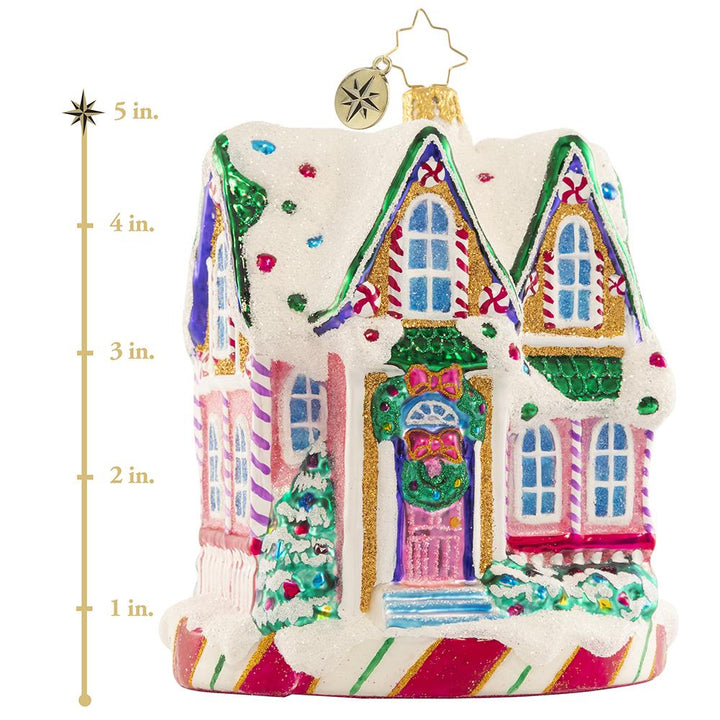 Ornament Description - Marvelous in Mint: Sweet and stunning! With its peppermint pillars and pinwheels throughout, this charming Victorian home truly is in 'mint' condition. This photo shows the ornament is about 5 inches tall. 