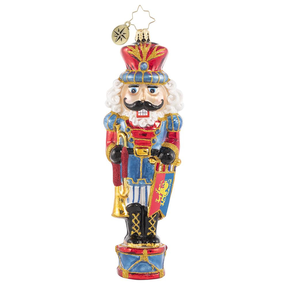 Front - Ornament Description - Noble & Knightly: Congratulations are in order-- this noble gentleman was just bestowed the great honor of knighthood by the Queen of Toyland. That is Sir Nutcracker to you!