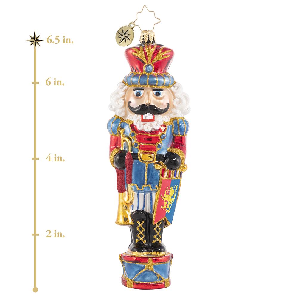 Ornament Description - Noble & Knightly: Congratulations are in order-- this noble gentleman was just bestowed the great honor of knighthood by the Queen of Toyland. That is Sir Nutcracker to you! This photo shows the ornament is about 6.5 inches tall. 