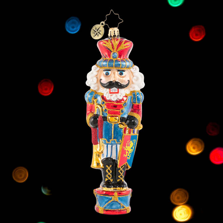 Ornament Description - Noble & Knightly: Congratulations are in order-- this noble gentleman was just bestowed the great honor of knighthood by the Queen of Toyland. That is Sir Nutcracker to you!