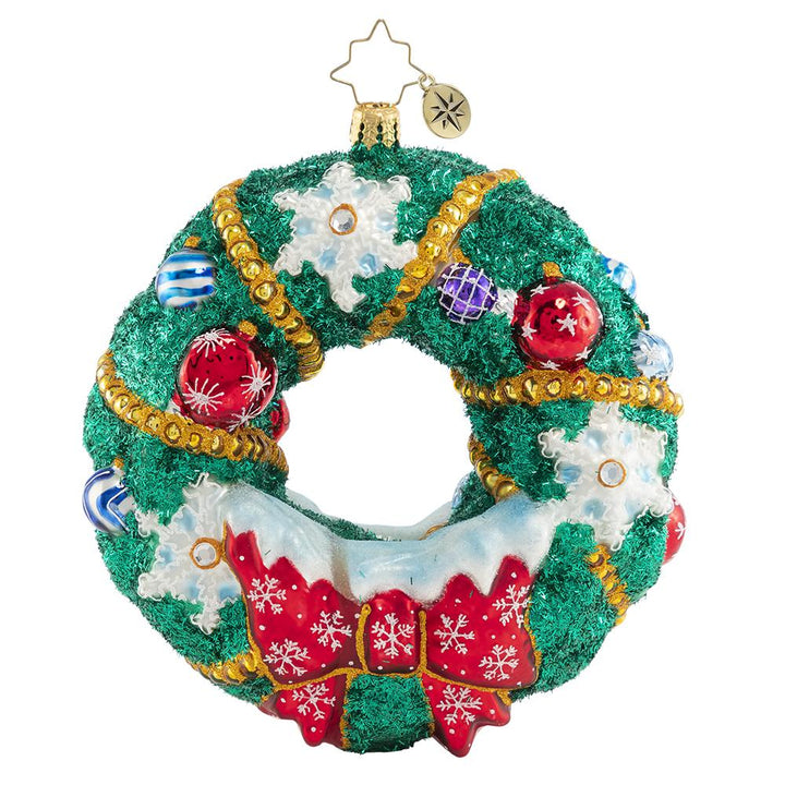 Back - Ornament Description - Flurry of Flakes: A surprise flurry has passed through town, frosting everything in sight! This dazzling holiday wreath stands out despite all the snow!