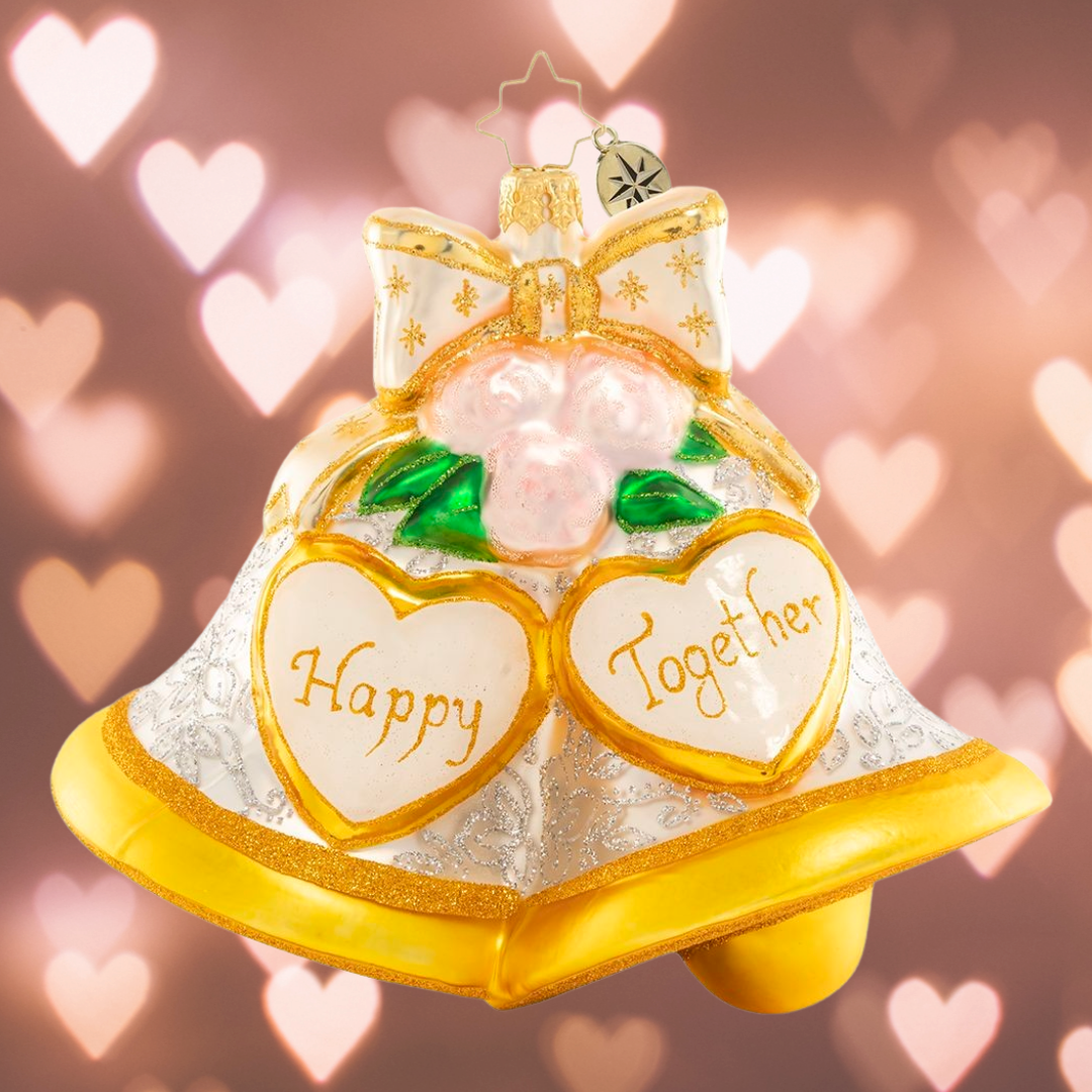 Ornament Description - Forever Together: The merry chimes are pealing, soft and glad the music swells; gaily on the night wind stealing, sweetly sound the wedding bells. Hang this pair of wedding bells and celebrate love, both new and old!