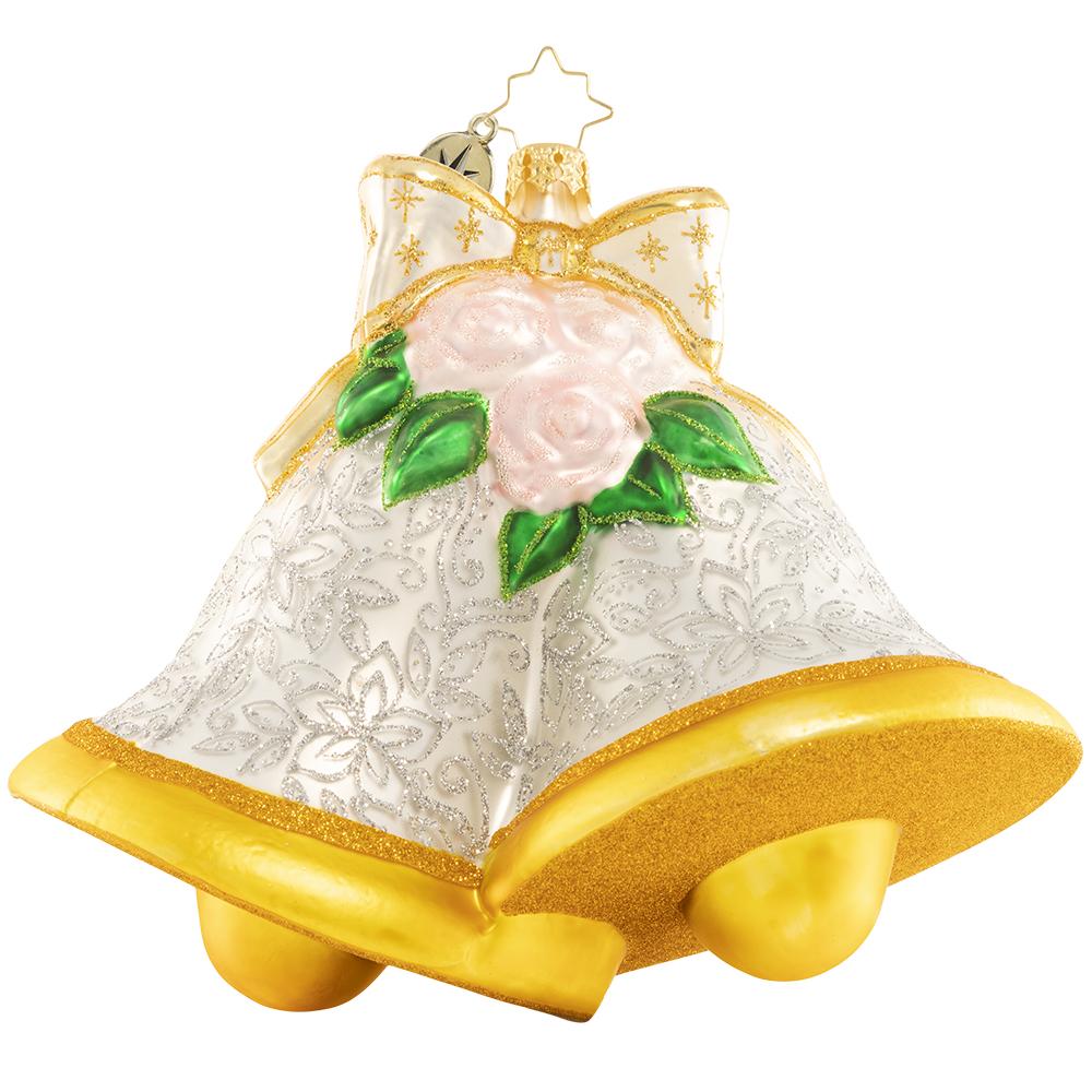 Back - Ornament Description - Forever Together: The merry chimes are pealing, soft and glad the music swells; gaily on the night wind stealing, sweetly sound the wedding bells. Hang this pair of wedding bells and celebrate love, both new and old!