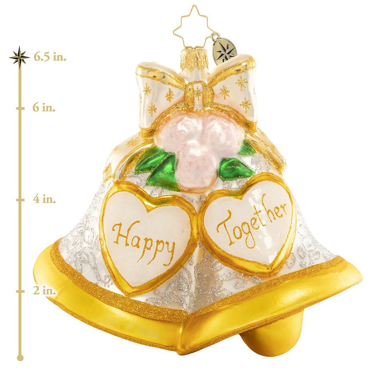 Ornament Description - Forever Together: The merry chimes are pealing, soft and glad the music swells; gaily on the night wind stealing, sweetly sound the wedding bells. Hang this pair of wedding bells and celebrate love, both new and old! This photo shows the ornament is about 6.5 inches tall. 