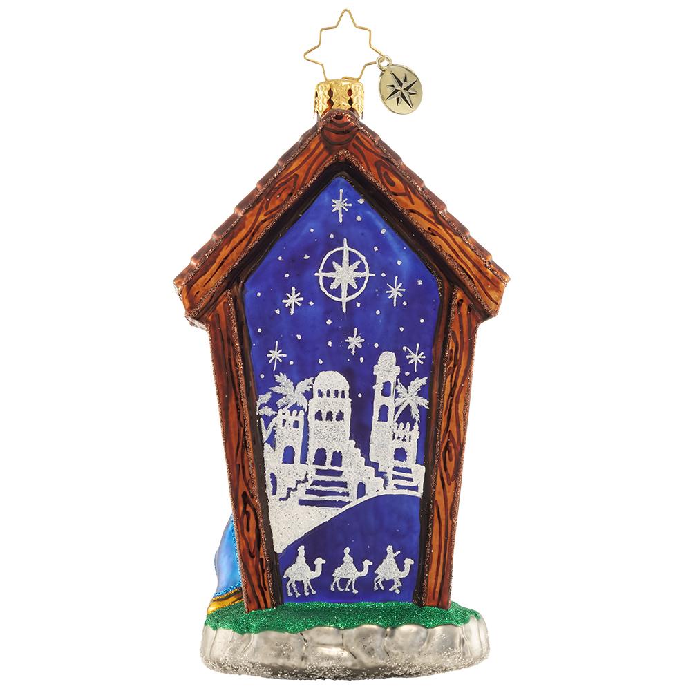 Back - Ornament Description - Miracle in the Manger: Let heaven and nature sing! Mary and Joseph gaze lovingly at baby Jesus as he sleeps peacefully in the Bethlehem manger where he has just been declared the newborn king.