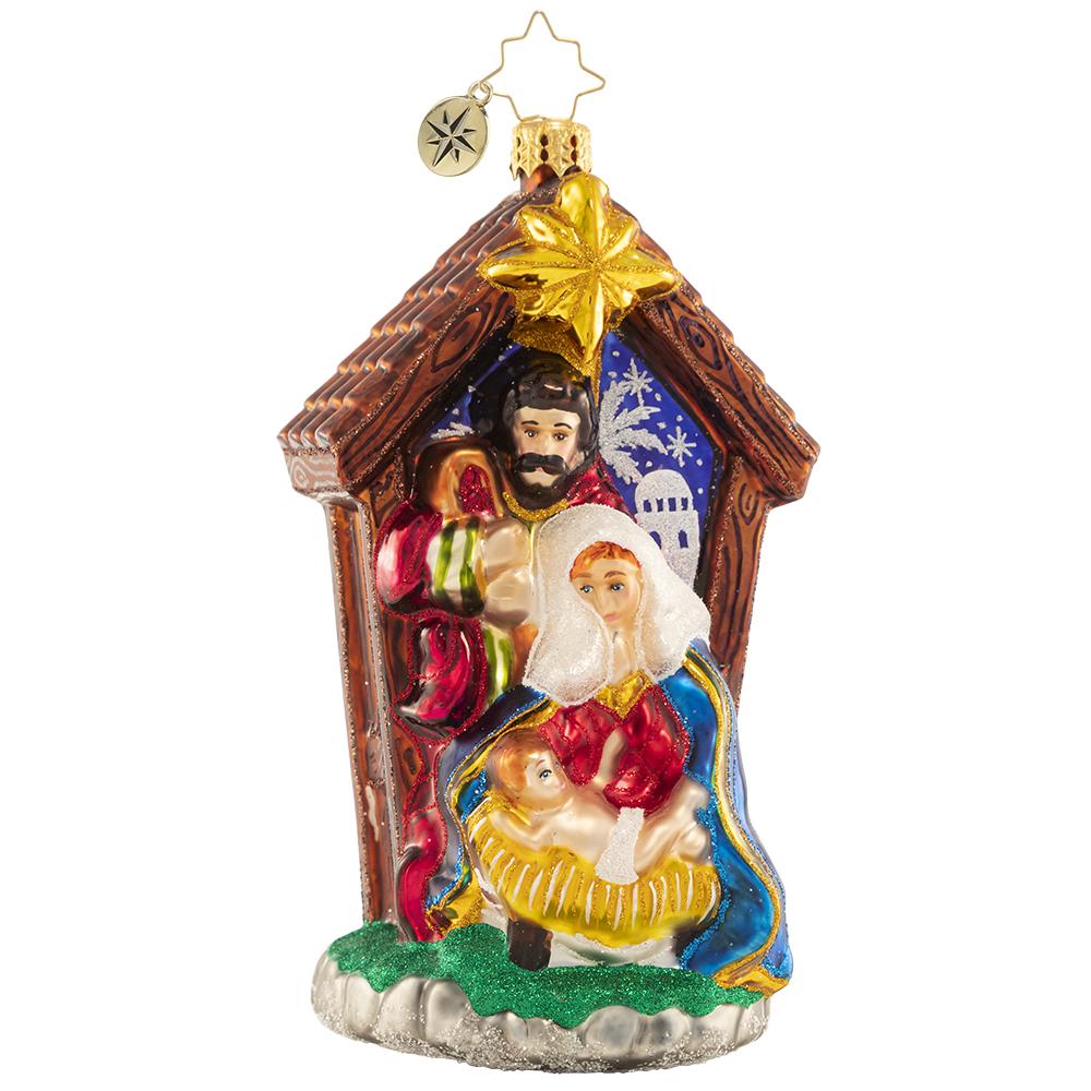 Front - Ornament Description - Miracle in the Manger: Let heaven and nature sing! Mary and Joseph gaze lovingly at baby Jesus as he sleeps peacefully in the Bethlehem manger where he has just been declared the newborn king.