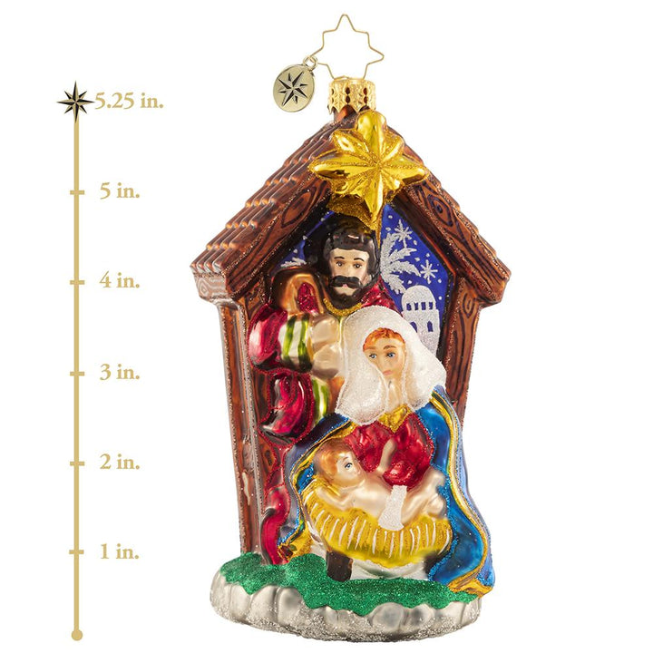 Ornament Description - Miracle in the Manger: Let heaven and nature sing! Mary and Joseph gaze lovingly at baby Jesus as he sleeps peacefully in the Bethlehem manger where he has just been declared the newborn king. This photo shows the ornament is about 5.25 inches tall.