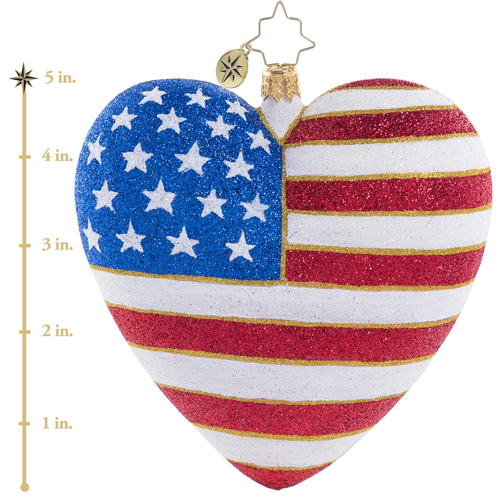 Ornament Description - Heart of America: The tragic events of September 11, 2001 shocked and united America like never before. This heartfelt keepsake symbolizes the unbreakable heart of the American spirit, and a tribute to every life lost. A percentage of proceeds from the sale of this ornament will go to a charity that supports 9/11 survivors, first responders, and their families. We will never forget! This photo shows the ornament is about 5 inches tall.