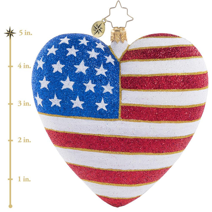 Ornament Description - Heart of America: The tragic events of September 11, 2001 shocked and united America like never before. This heartfelt keepsake symbolizes the unbreakable heart of the American spirit, and a tribute to every life lost. A percentage of proceeds from the sale of this ornament will go to a charity that supports 9/11 survivors, first responders, and their families. We will never forget! This photo shows the ornament is about 5 inches tall.