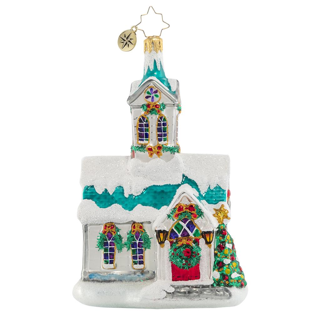 Ornament Description - Boughs of Holly Chapel: The halls have been decked, the wreaths have been hung, and now the doors are open for Christmas service at this cheery chapel. All are welcome here--let us celebrate!