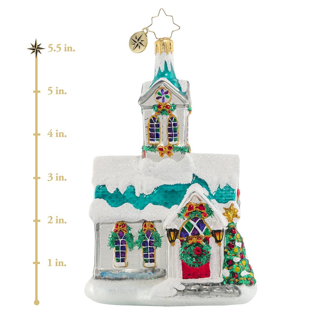 Ornament Description - Boughs of Holly Chapel: The halls have been decked, the wreaths have been hung, and now the doors are open for Christmas service at this cheery chapel. All are welcome here--let us celebrate! This photo shows the ornament is about 5.5 inches tall.