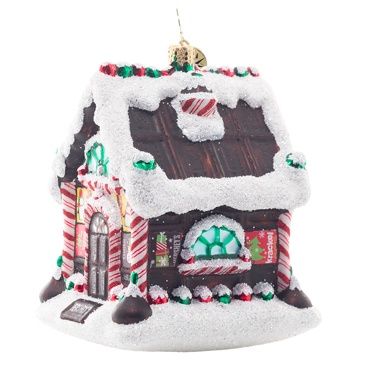 Side-View - Ornament Description - Sweetest House On The Block: These are some seriously sweet digs! This cheery Hershey's house is built with love from loads of America's favorite chocolate.