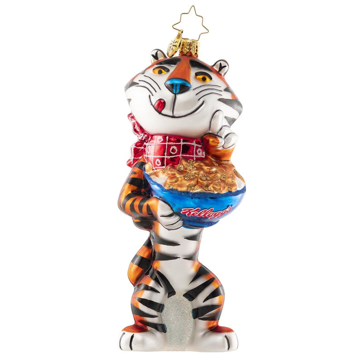 Ornament Description - The Gr-r-reatest Breakfast: Tony the Tiger TM knows that a big bowl of his favorite breakfast cereal is the best way to start his day off right. He makes sure he fills up for a big day ahead-- after all, there is Christmas shopping to be done!