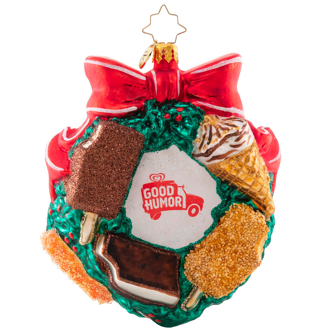 Back - Ornament Description - Good Humor ® Holiday Sweets: Santa is staying cool surrounded by Good Humor® frozen treats. He cannot choose just one, so he decided to enjoy them all!