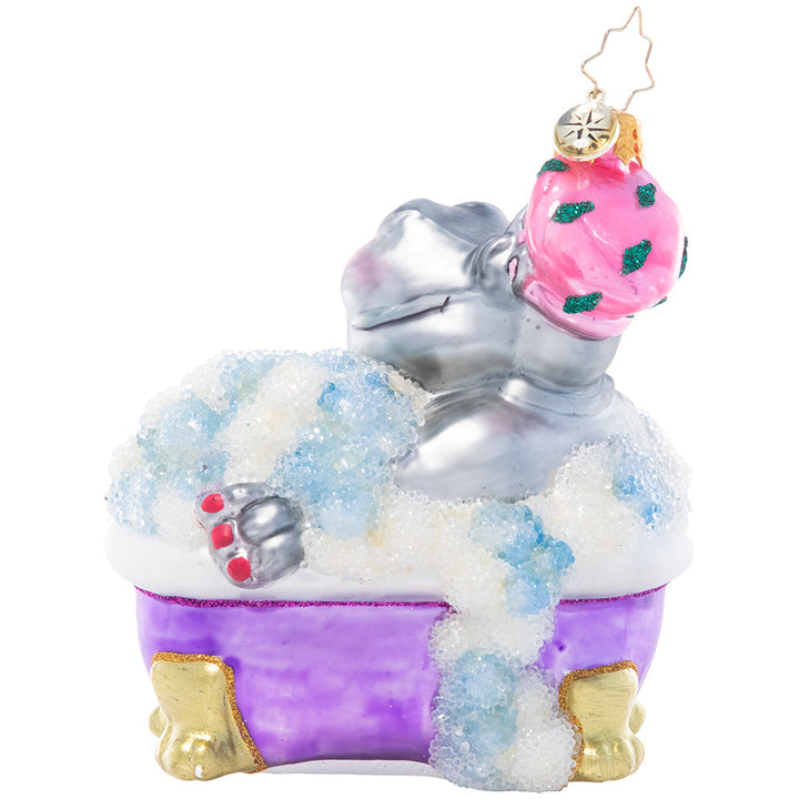 Back - Ornament Description - Bathtime Bubbles: Splish splash! This happy hippo is treating herself to some seriously stylin' self-care in a relaxing bubble bath.