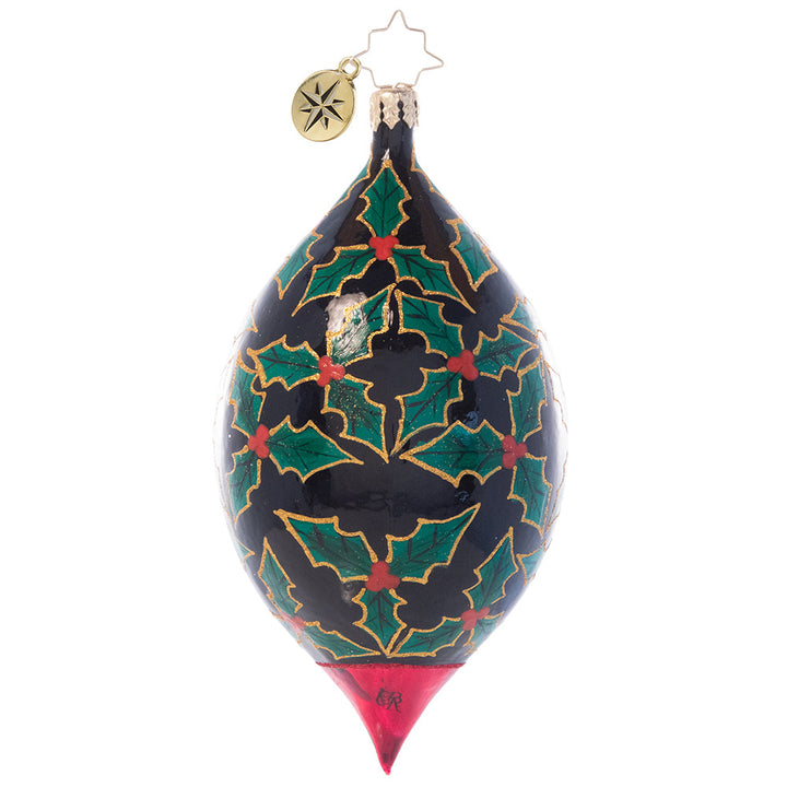 Back - Ornament Description - Holly Jolly Christmas: 'Tis the season! Jolly old Saint Nick smiles from within this intricate drop ornament adorned with festive holly leaves and berries.