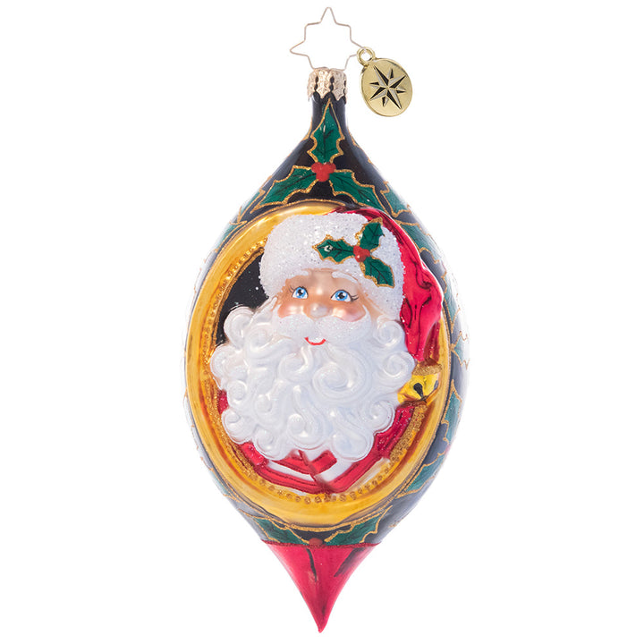 Front - Ornament Description - Holly Jolly Christmas: 'Tis the season! Jolly old Saint Nick smiles from within this intricate drop ornament adorned with festive holly leaves and berries.